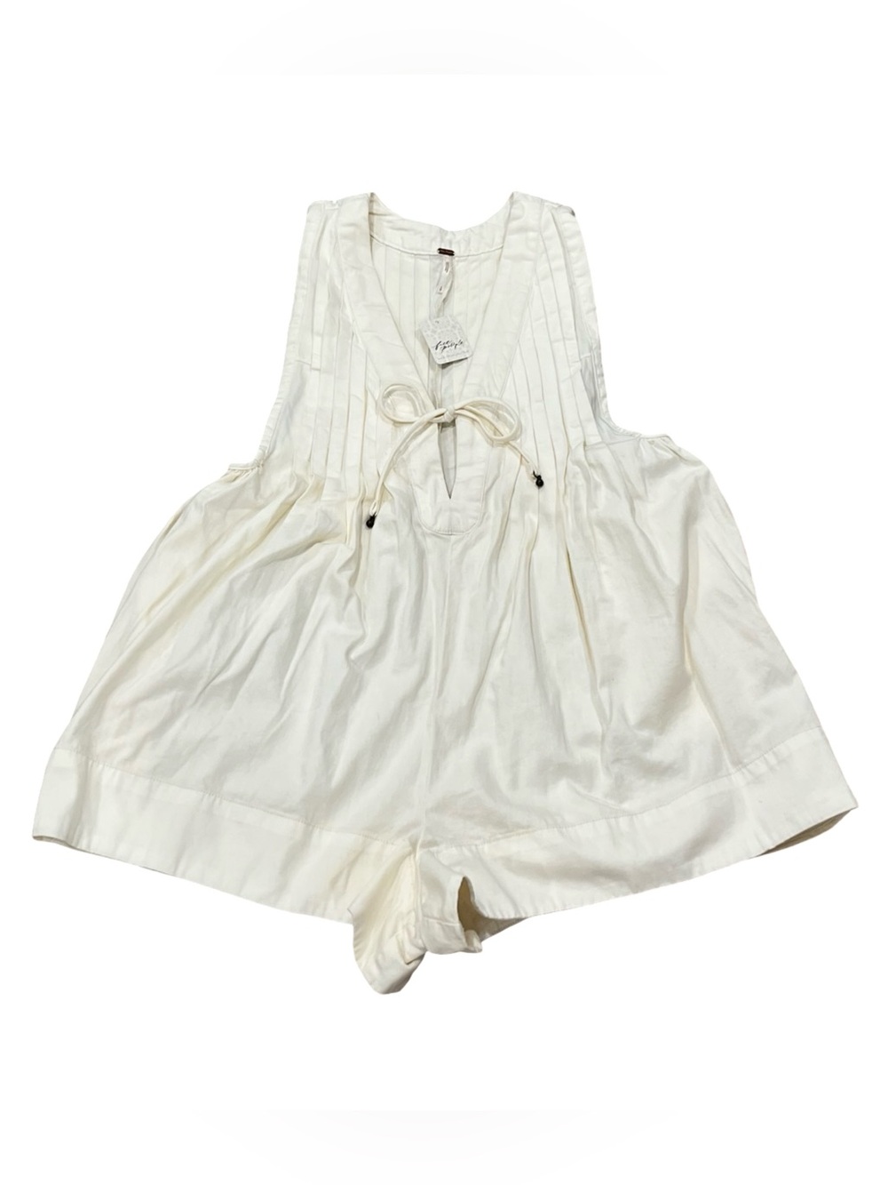 Free People Webster Romper Ecru Cream Pintuck Tie Front Cotton NWT Small - Picture 7 of 13
